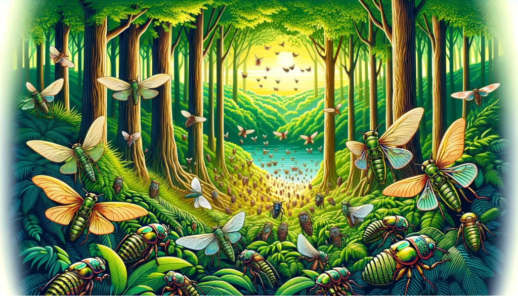 vector art of cicadas emerging in a forest